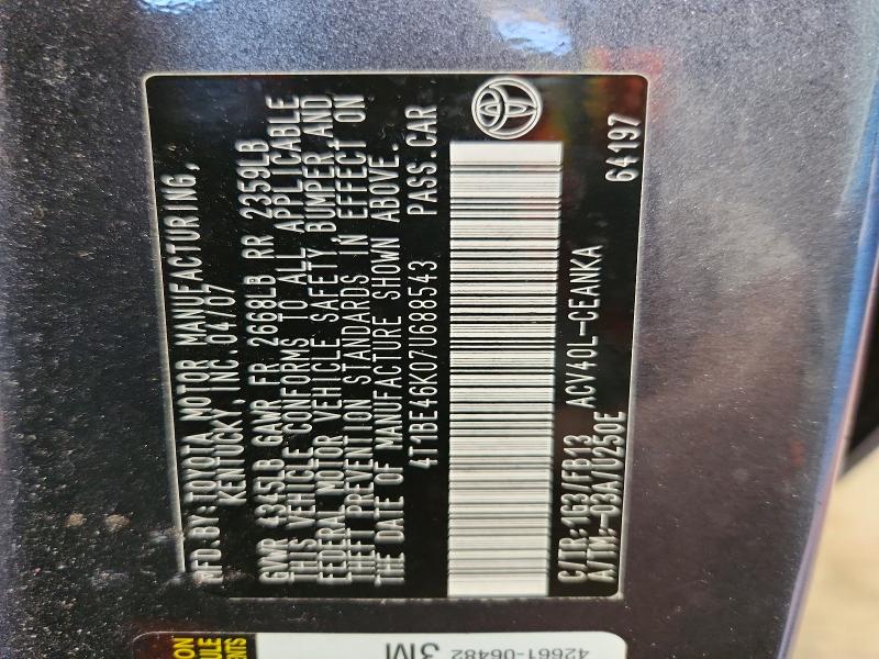 Продаж на аукціоні авто 2007 Toyota Camry, vin: 4T1BE46K07U688543, номер лоту: 63750826