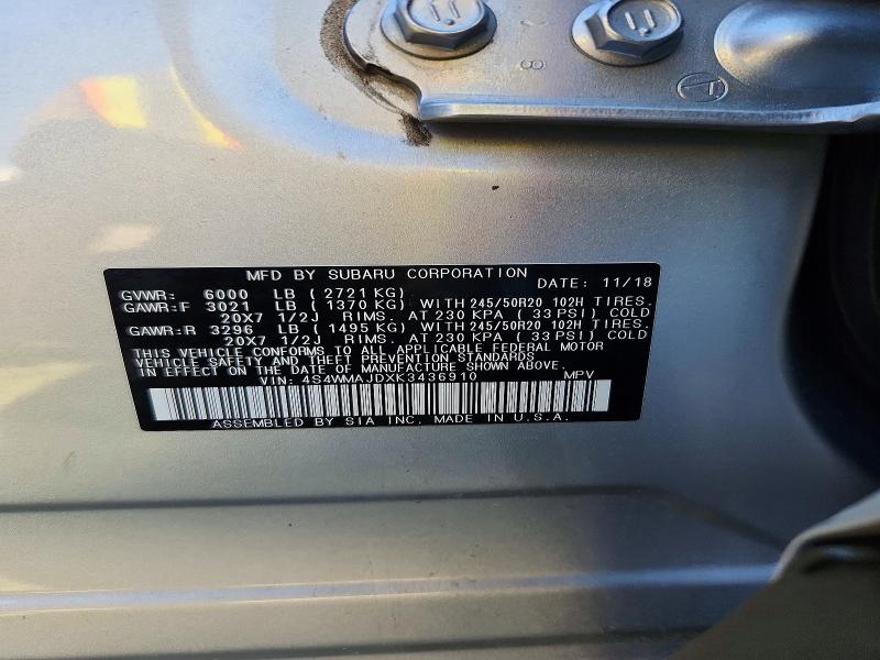 2019 Subaru Ascent მანქანა იყიდება აუქციონზე, vin: 4S4WMAJDXK3436910, აუქციონის ნომერი: 64149966