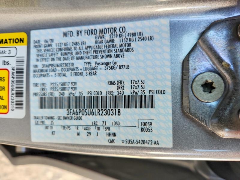 Aukcja sprzedaży 2020 Ford Fusion, vin: 3FA6P0SU6LR230318, numer aukcji: 64397116