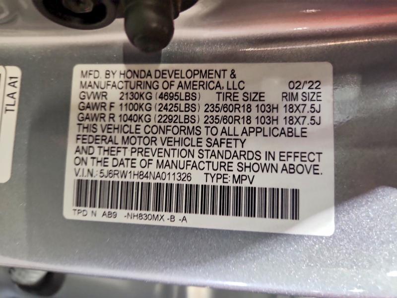 Продаж на аукціоні авто 2022 Honda Cr-v, vin: 5J6RW1H84NA011326, номер лоту: 63516816