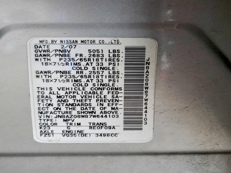 Продажа на аукционе авто 2007 Nissan Murano, vin: JN8AZ08W87W644103, номер лота: 65062076