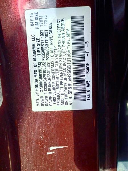 Продаж на аукціоні авто 2016 Honda Odyssey, vin: 5FNRL5H26GB101556, номер лоту: 65109436