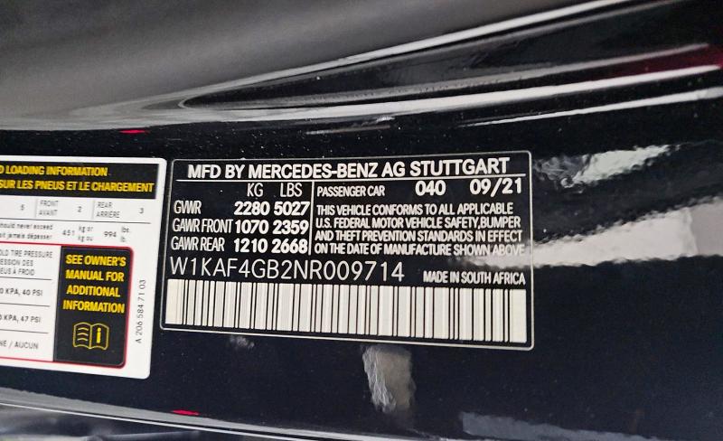 2022 Mercedes-benz C მანქანა იყიდება აუქციონზე, vin: W1KAF4GB2NR009714, აუქციონის ნომერი: 65162976