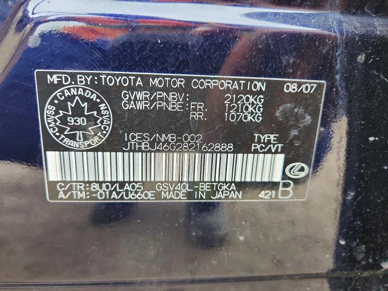 65714526 :رقم المزاد ، JTHBJ46G282162888 vin ، 2008 Lexus Es مزاد بيع