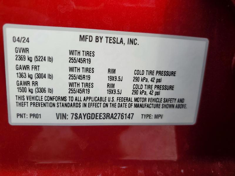 2024 Tesla Model Y მანქანა იყიდება აუქციონზე, vin: 7SAYGDEE3RA276147, აუქციონის ნომერი: 66978876