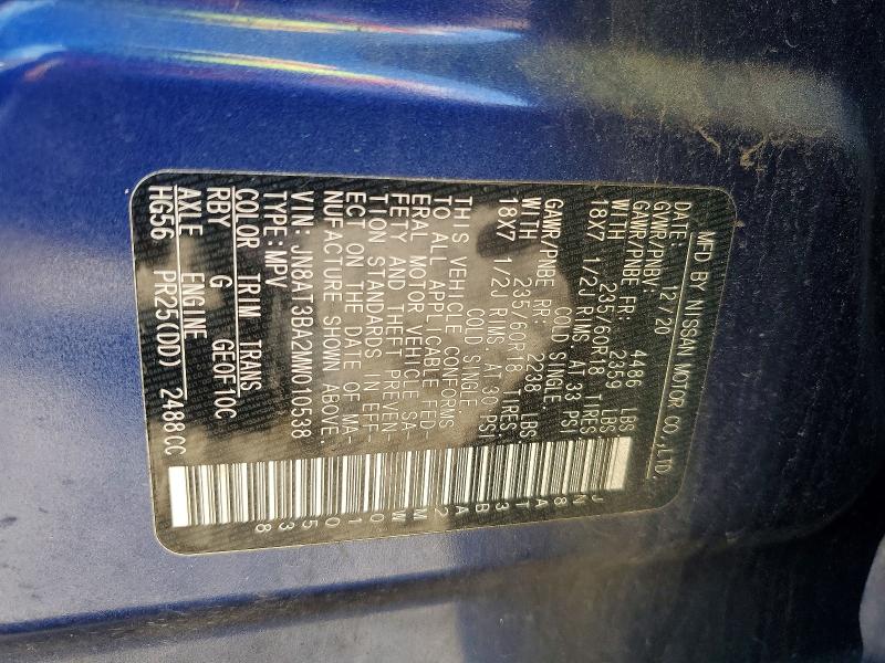 2021 Nissan Rogue მანქანა იყიდება აუქციონზე, vin: JN8AT3BA2MW010538, აუქციონის ნომერი: 64107846