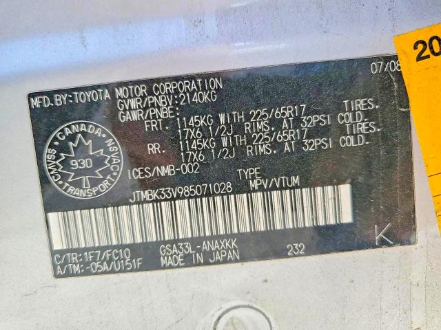 Aukcja sprzedaży 2008 Toyota Rav4, vin: JTMBK33V985071028, numer aukcji: 66446976
