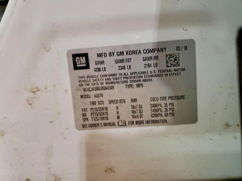 2018 Buick Encore მანქანა იყიდება აუქციონზე, vin: KL4CJASB8JB664349, აუქციონის ნომერი: 65455086