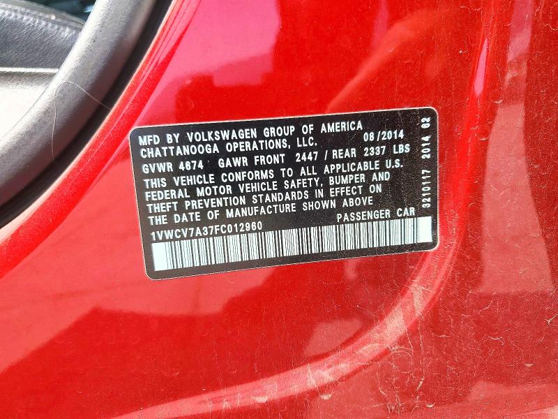 Aukcja sprzedaży 2015 Volkswagen Passat, vin: 1VWCV7A37FC012960, numer aukcji: 64585546