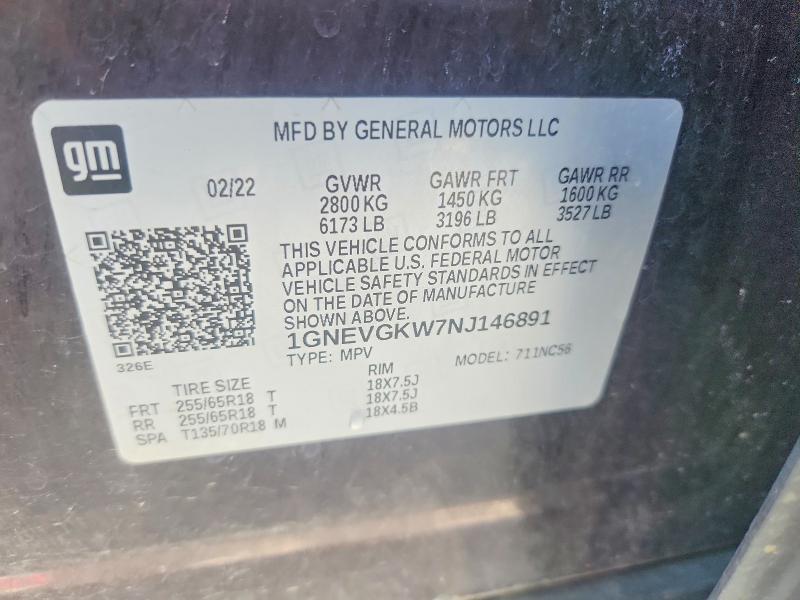 2022 Chevrolet Traverse მანქანა იყიდება აუქციონზე, vin: 1GNEVGKW7NJ146891, აუქციონის ნომერი: 66265376