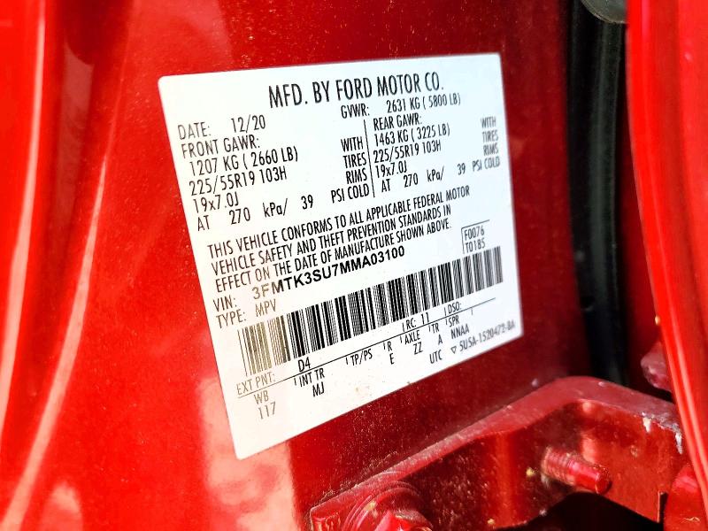 63468446 :رقم المزاد ، 3FMTK3SU7MMA03100 vin ، 2021 Ford Mustang Mach-e مزاد بيع