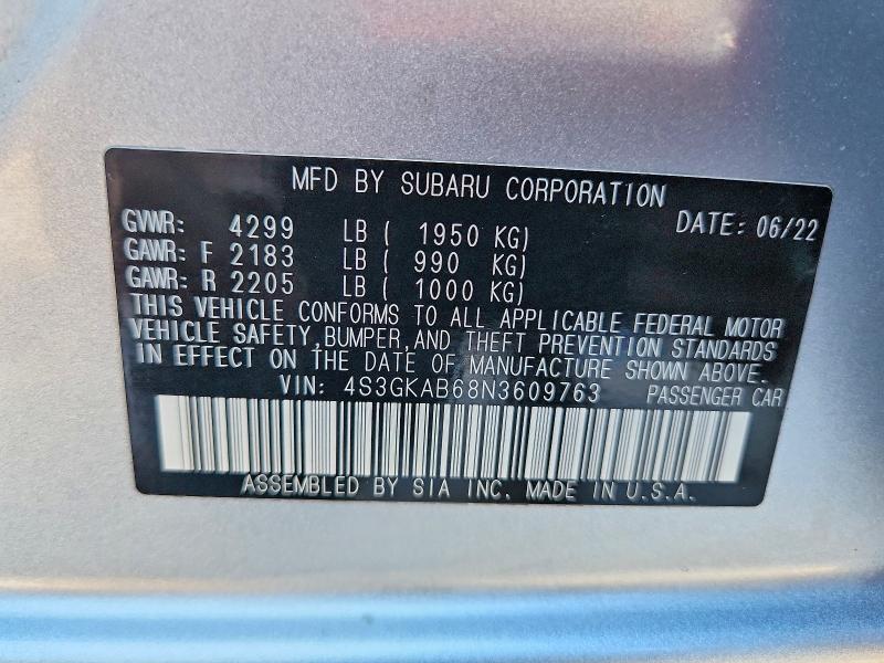 2022 Subaru Impreza მანქანა იყიდება აუქციონზე, vin: 4S3GKAB68N3609763, აუქციონის ნომერი: 64935196