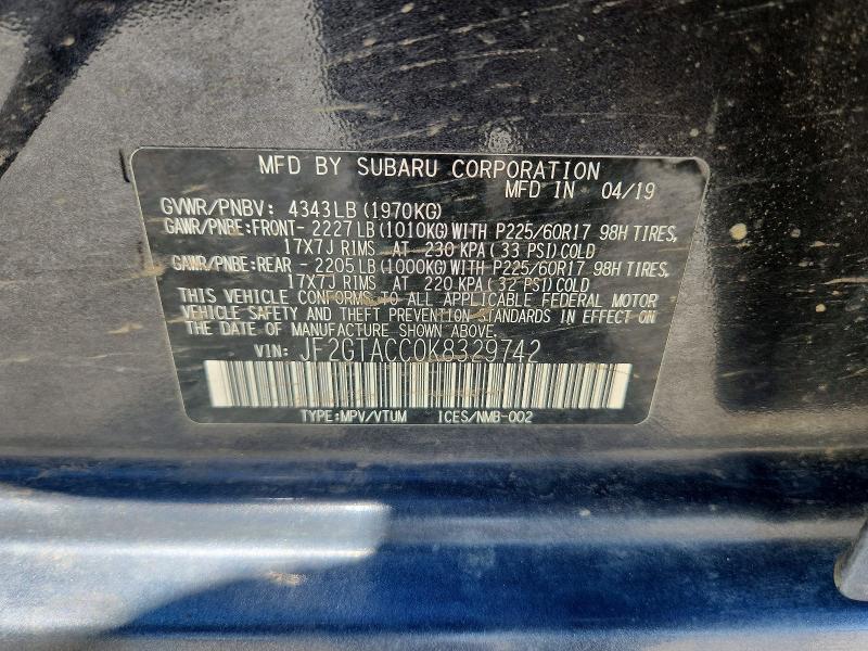 Продаж на аукціоні авто 2019 Subaru Crosstrek, vin: JF2GTACC0K8329742, номер лоту: 66302876
