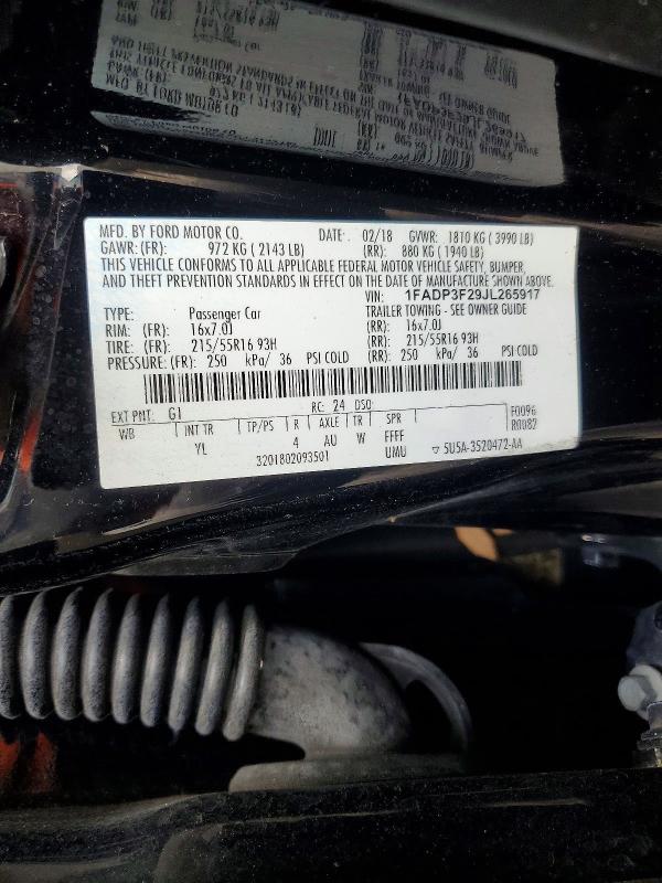 64724096 :رقم المزاد ، 1FADP3F29JL265917 vin ، 2018 Ford Focus مزاد بيع