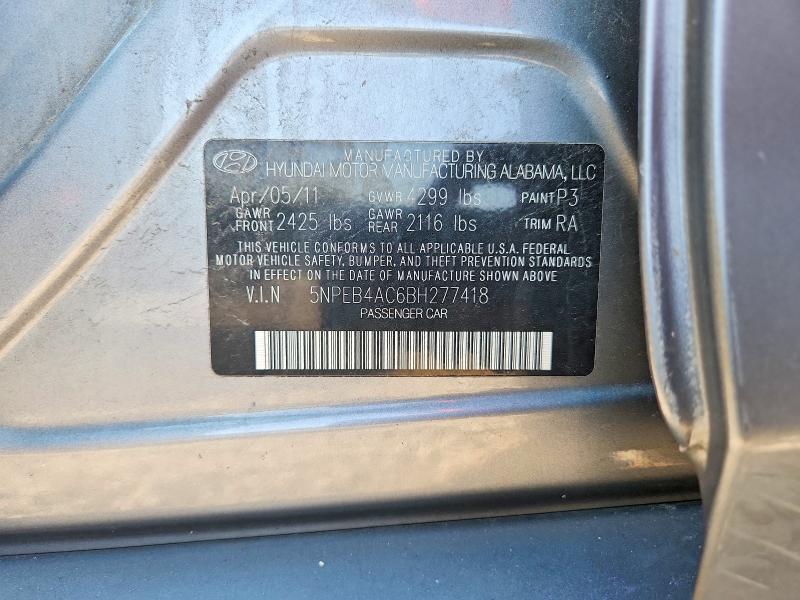 2011 Hyundai Sonata მანქანა იყიდება აუქციონზე, vin: 5NPEB4AC6BH277418, აუქციონის ნომერი: 64921836