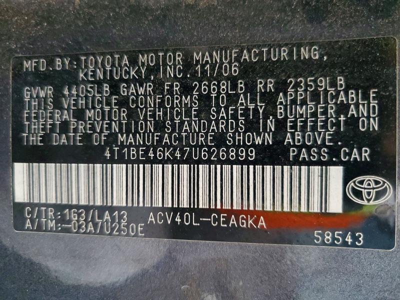 64938406 :رقم المزاد ، 4T1BE46K47U626899 vin ، 2007 Toyota Camry مزاد بيع
