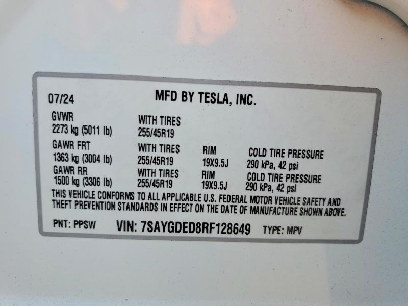 Aukcja sprzedaży 2024 Tesla Model Y, vin: 7SAYGDED8RF128649, numer aukcji: 65572826