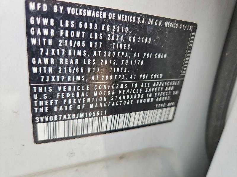Продаж на аукціоні авто 2018 Volkswagen Tiguan, vin: 3VV0B7AX6JM105611, номер лоту: 63810936