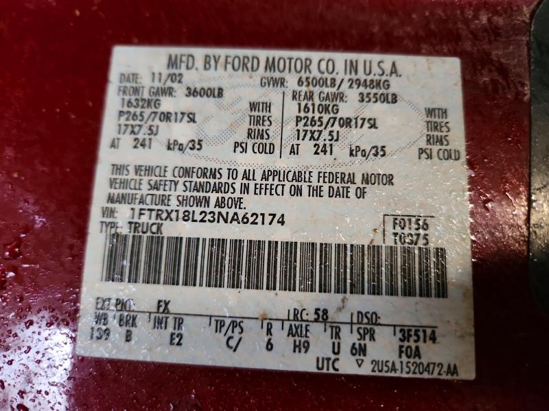 2003 Ford F150 მანქანა იყიდება აუქციონზე, vin: 1FTRX18L23NA62174, აუქციონის ნომერი: 65184506
