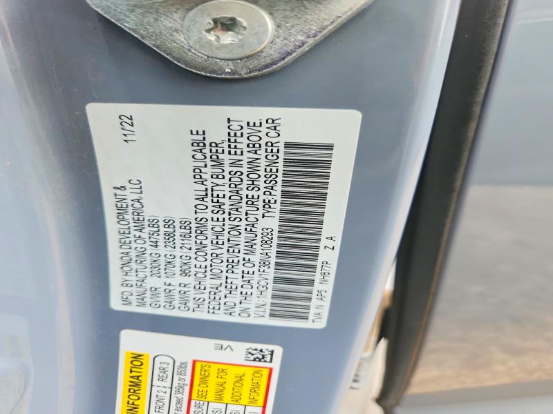 64886206 :رقم المزاد ، 1HGCV1F38NA108293 vin ، 2022 Honda Accord مزاد بيع