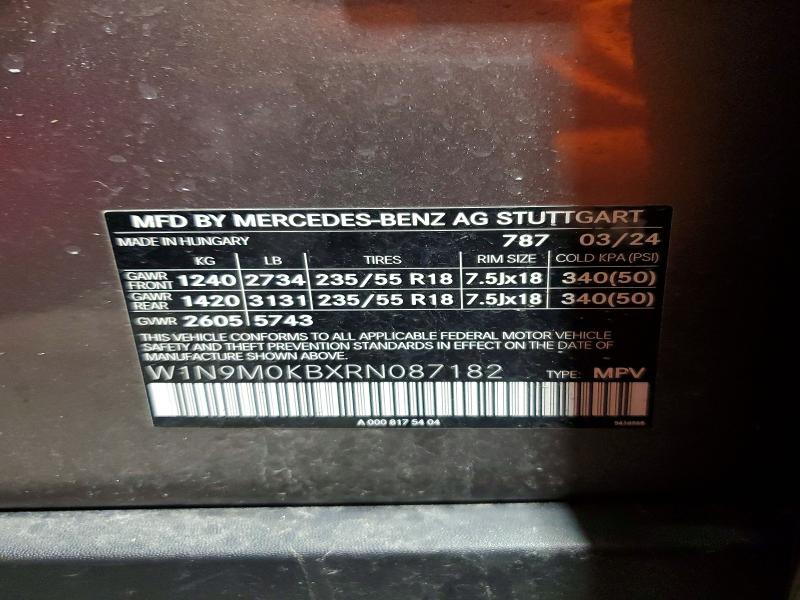 Продаж на аукціоні авто 2024 Mercedes-benz Eqb, vin: W1N9M0KBXRN087182, номер лоту: 64600156
