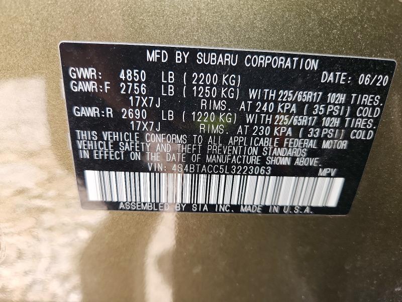 2020 Subaru Outback მანქანა იყიდება აუქციონზე, vin: 4S4BTACC5L3223063, აუქციონის ნომერი: 65689736