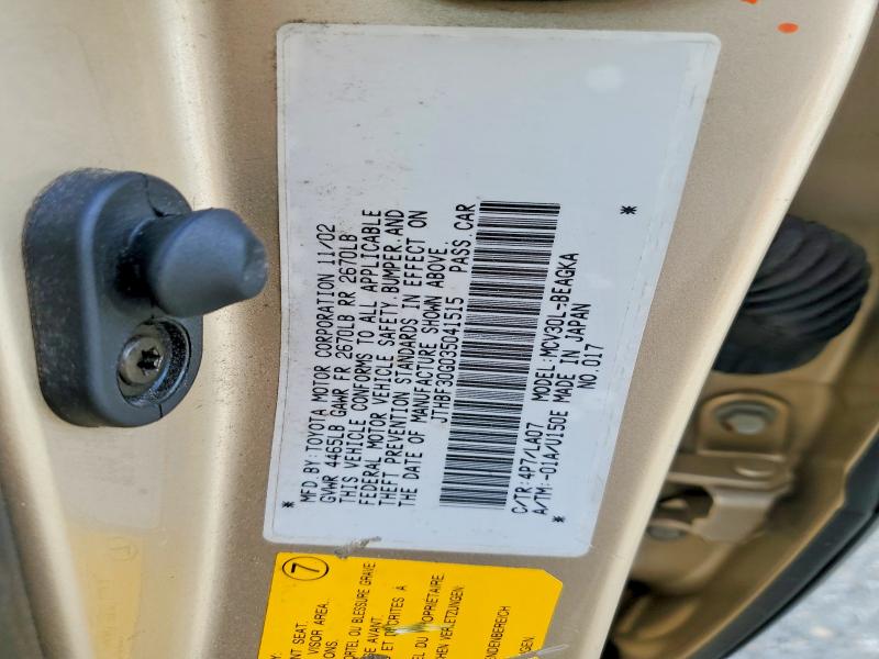Продаж на аукціоні авто 2003 Lexus Es, vin: JTHBF30G035041515, номер лоту: 67003246