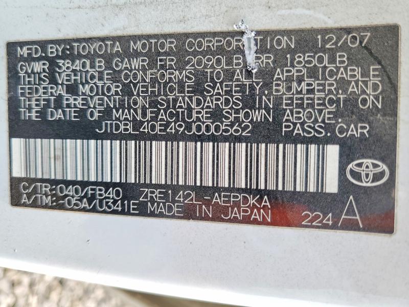 64080346 :رقم المزاد ، JTDBL40E49J000562 vin ، 2009 Toyota Corolla مزاد بيع