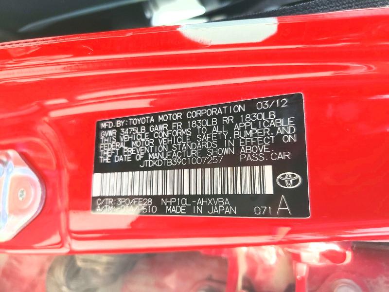 Aukcja sprzedaży 2012 Toyota Prius C, vin: JTDKDTB39C1007257, numer aukcji: 66377636