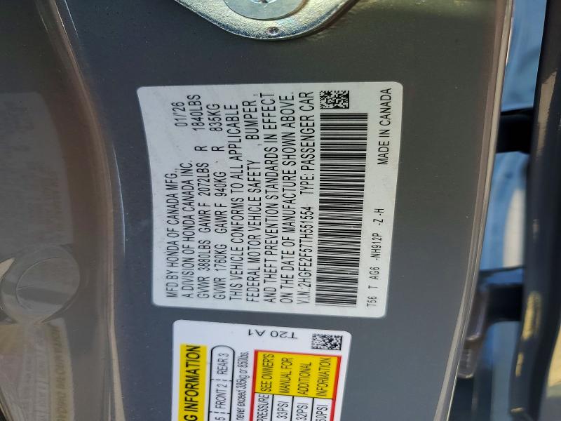 63755056 :رقم المزاد ، 2HGFE2F57TH551554 vin ، 2026 Honda Civic مزاد بيع