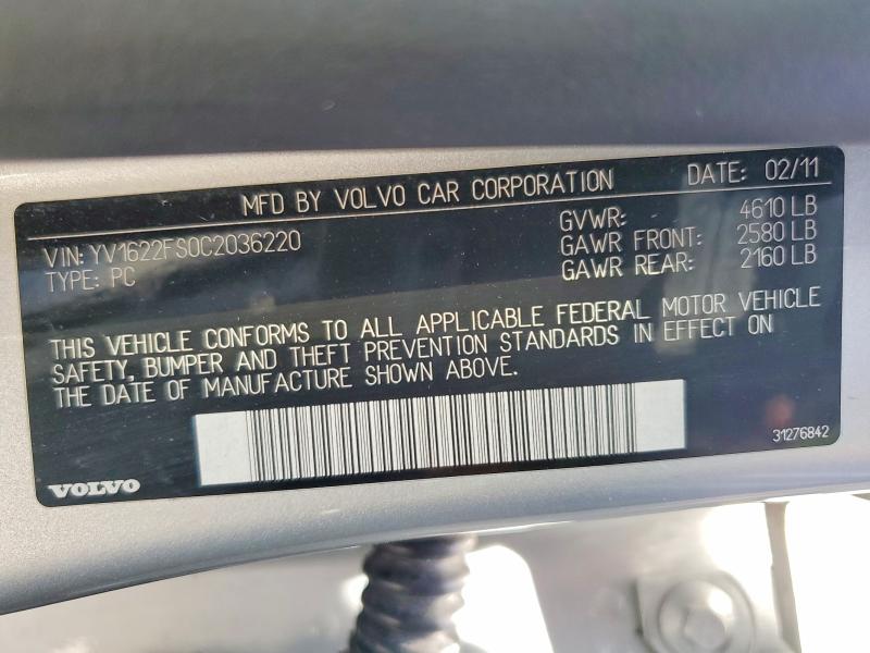 Aukcja sprzedaży 2012 Volvo S60, vin: YV1622FS0C2036220, numer aukcji: 65256516