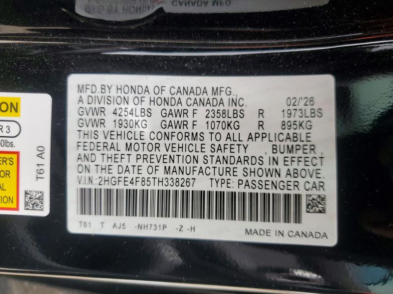 Aukcja sprzedaży 2026 Honda Civic, vin: 2HGFE4F85TH338267, numer aukcji: 64985856