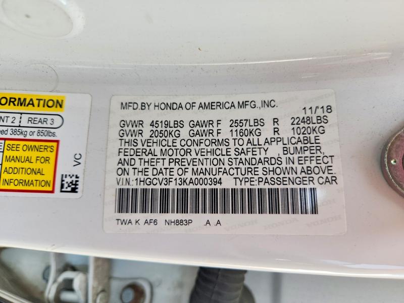 63869966 :رقم المزاد ، 1HGCV3F13KA000394 vin ، 2019 Honda Accord مزاد بيع