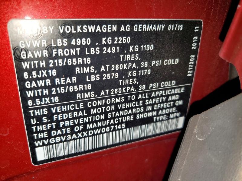 65927736 :رقم المزاد ، WVGBV3AXXDW067145 vin ، 2013 Volkswagen Tiguan مزاد بيع
