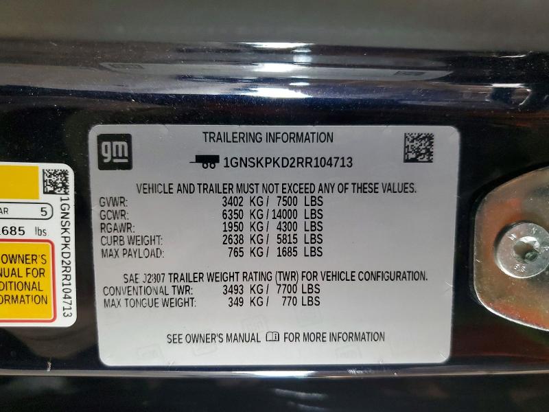 2024 Chevrolet Tahoe მანქანა იყიდება აუქციონზე, vin: 1GNSKPKD2RR104713, აუქციონის ნომერი: 65079656