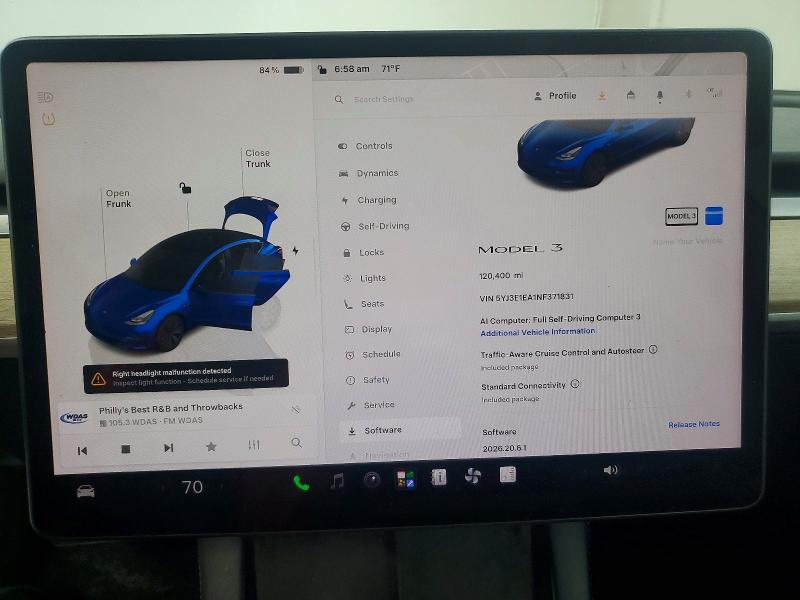 2022 Tesla Model 3 მანქანა იყიდება აუქციონზე, vin: 5YJ3E1EA1NF371831, აუქციონის ნომერი: 66501026