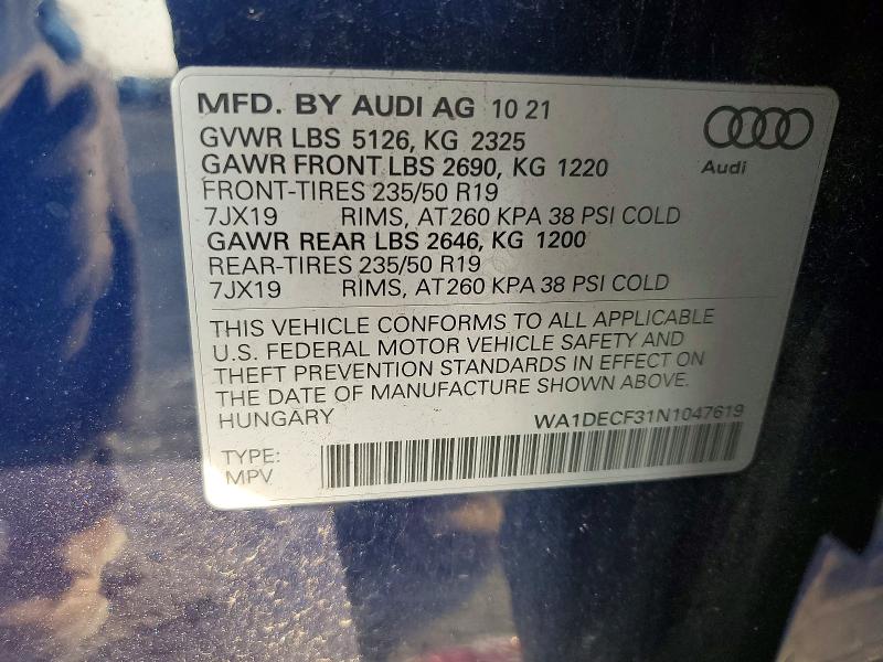 Aukcja sprzedaży 2022 Audi Q3, vin: WA1DECF31N1047619, numer aukcji: 64448376