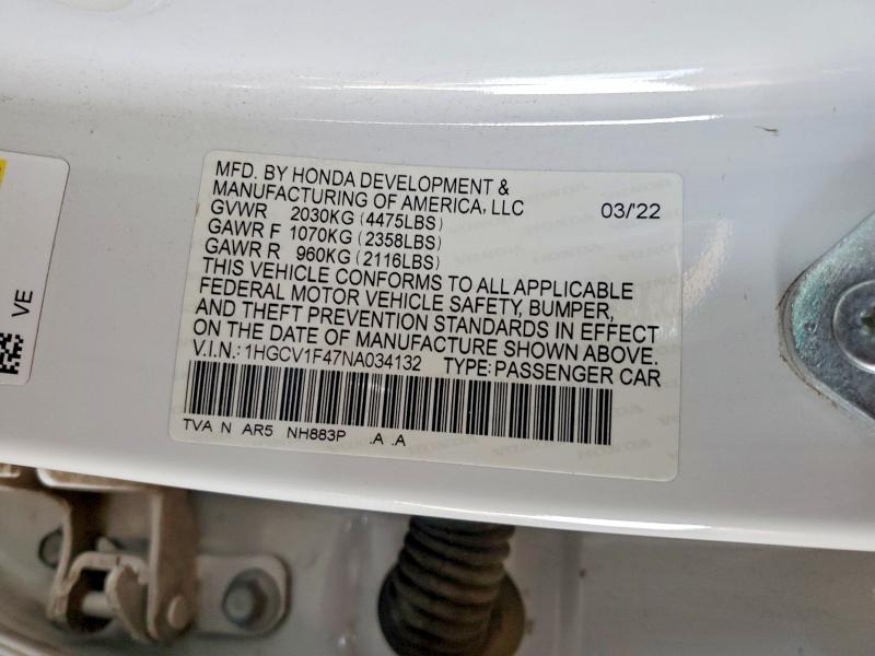 65540686 :رقم المزاد ، 1HGCV1F47NA034132 vin ، 2022 Honda Accord مزاد بيع