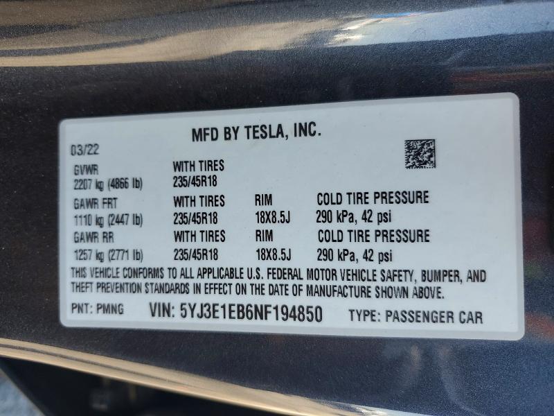 Продаж на аукціоні авто 2022 Tesla Model 3, vin: 5YJ3E1EB6NF194850, номер лоту: 66649536