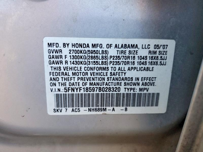Aukcja sprzedaży 2007 Honda Pilot, vin: 5FNYF18597B028320, numer aukcji: 66568596