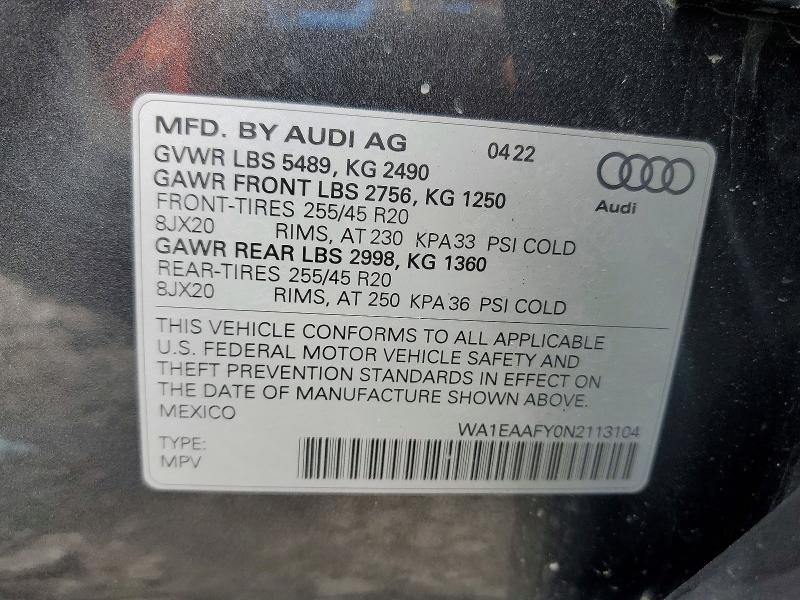 Aukcja sprzedaży 2022 Audi Q5, vin: WA1EAAFY0N2113104, numer aukcji: 63890866