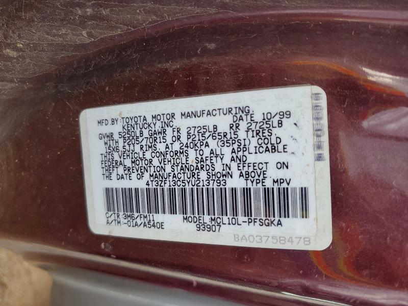 66465376 :رقم المزاد ، 4T3ZF13C5YU213793 vin ، 2000 Toyota Sienna مزاد بيع