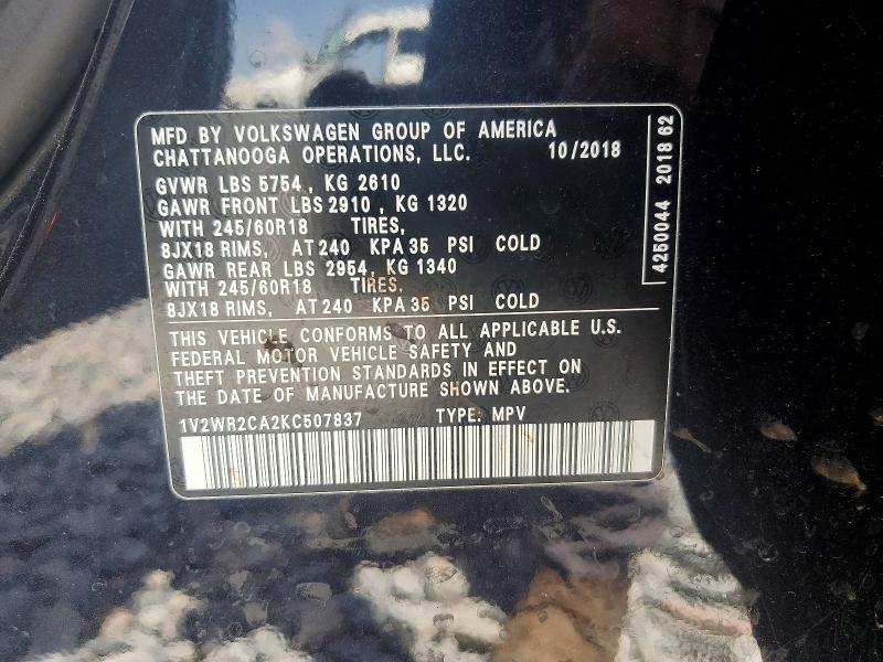 65362376 :رقم المزاد ، 1V2WR2CA2KC507837 vin ، 2019 Volkswagen Atlas مزاد بيع