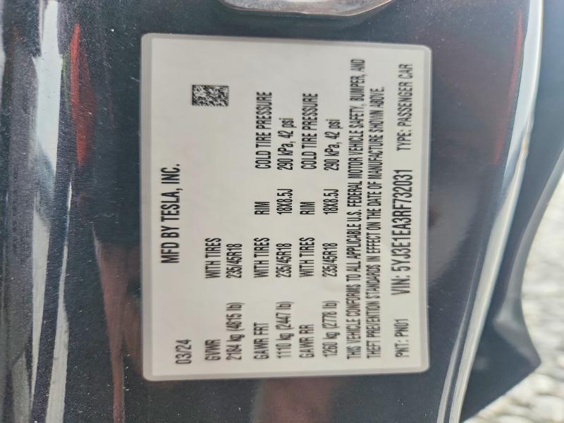 63741436 :رقم المزاد ، 5YJ3E1EA3RF732031 vin ، 2024 Tesla Model 3 مزاد بيع