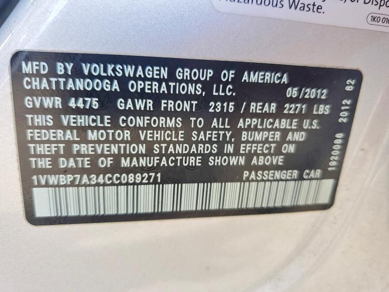 Aukcja sprzedaży 2012 Volkswagen Passat, vin: 1VWBP7A34CC089271, numer aukcji: 63014786