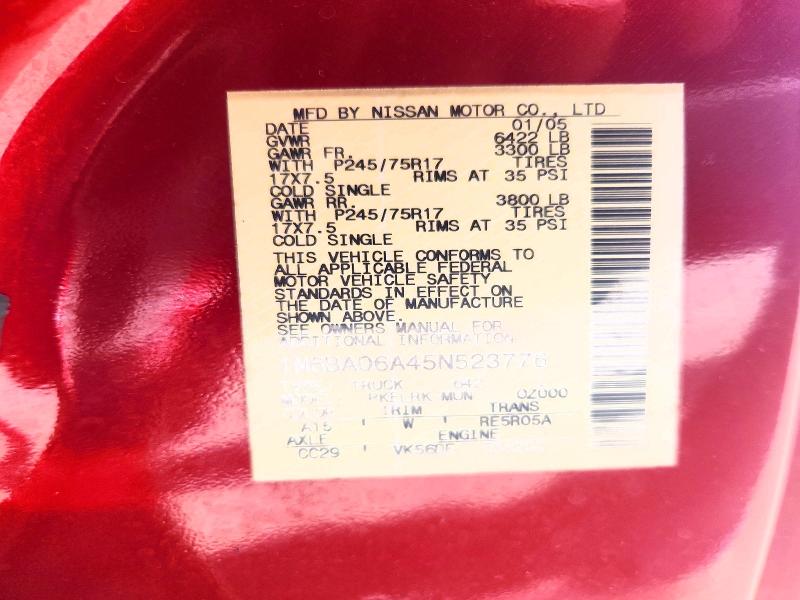 2005 Nissan Titan მანქანა იყიდება აუქციონზე, vin: 1N6BA06A45N523776, აუქციონის ნომერი: 64600566