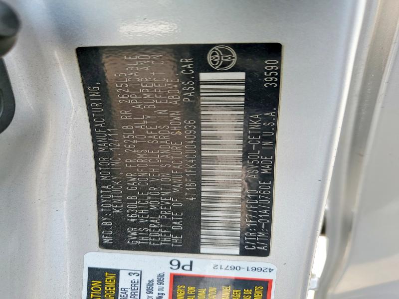67006276 :رقم المزاد ، 4T1BF1FK4CU040936 vin ، 2012 Toyota Camry مزاد بيع