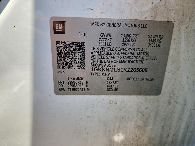 65749586 :رقم المزاد ، 1GKKNMLS1KZ265608 vin ، 2019 Gmc Acadia مزاد بيع