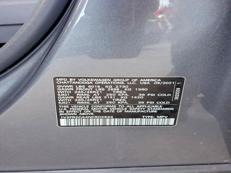 Продаж на аукціоні авто 2022 Volkswagen Atlas, vin: 1V2FR2CA4NC504944, номер лоту: 66980266