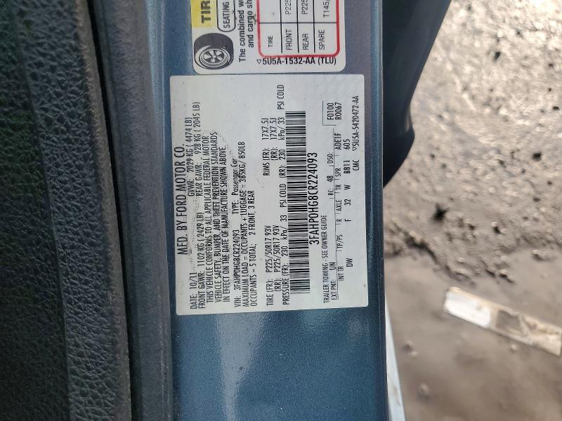 2012 Ford Fusion მანქანა იყიდება აუქციონზე, vin: 3FAHP0HG8CR224093, აუქციონის ნომერი: 63902496